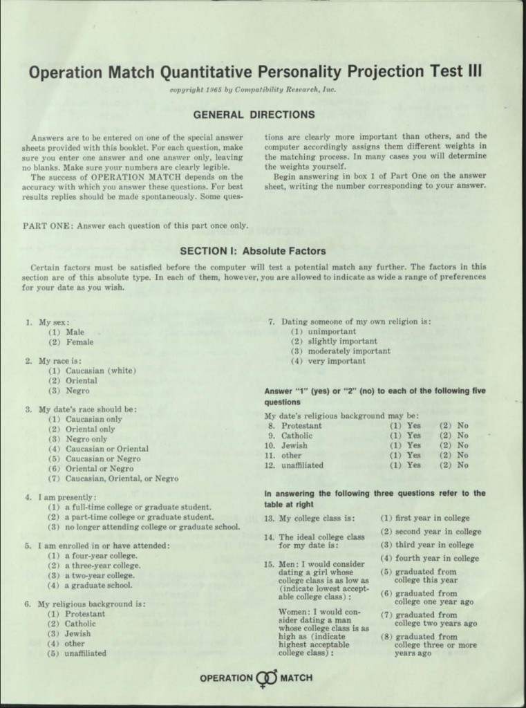 First page of the Operation Match Quantitative Personality Projection Test III questionnaire, 1965